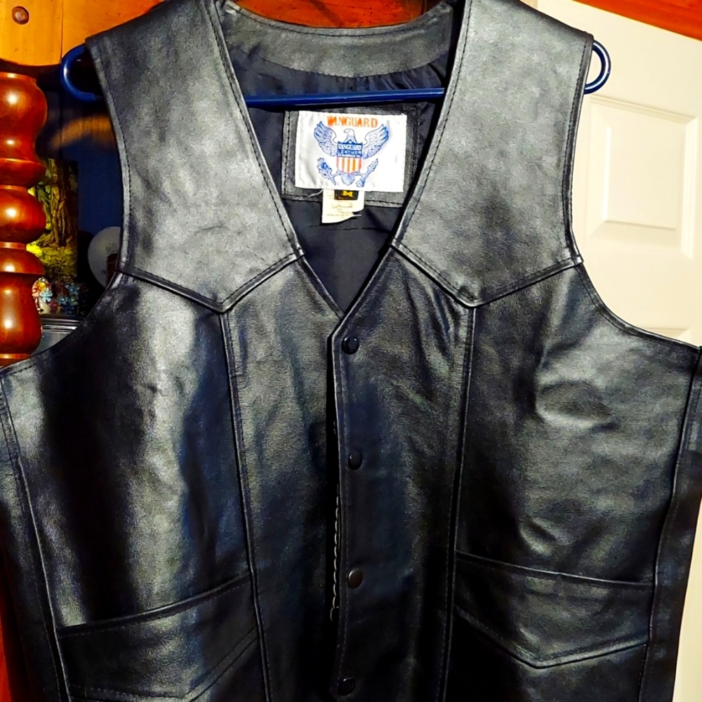 Vintage Vanguard Leather Biker Vest.  Ornamental Chain Attached